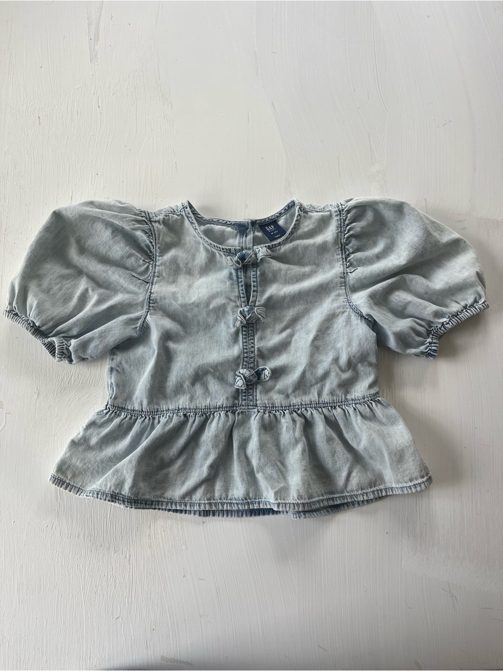 GAP Light Blue Denim Puff Sleeve Peplum Blouse - Kids